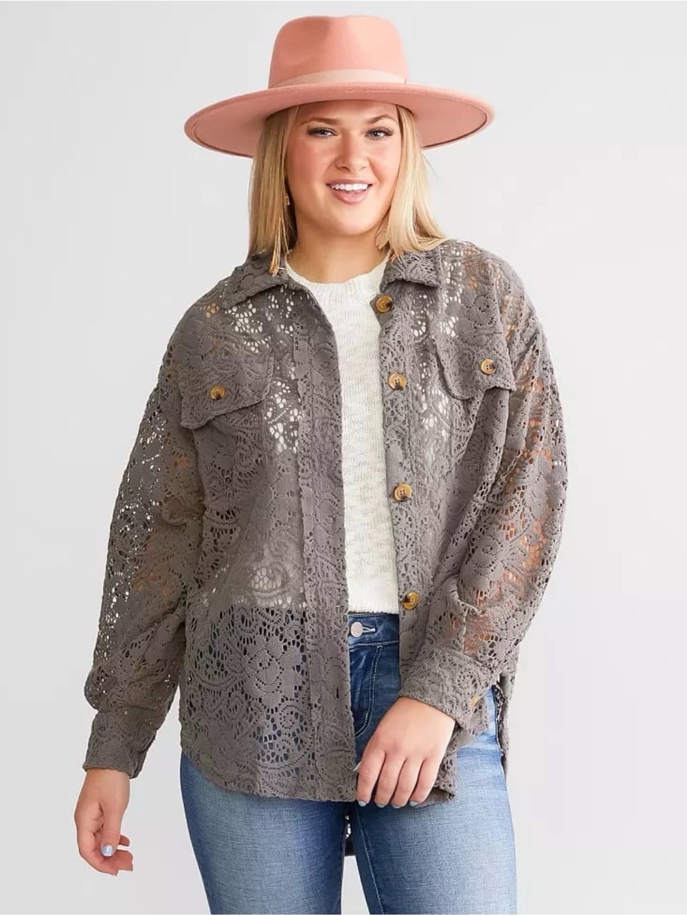 BiBi Crochet Lace Button-Down Top/Shacket